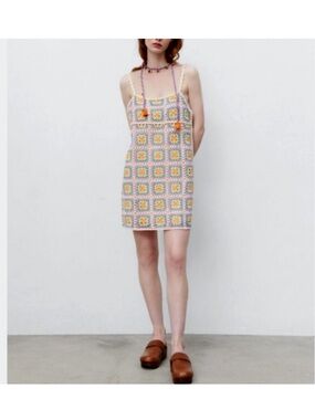 ZARA Crochet Square-Pattern Mini Dress in Multi Pastels